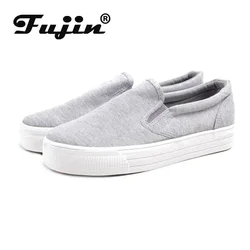 Fujin 2024 buty na platformie mieszkania białe wsuwane buty w stylu casual Slipony Canvas damskie trampki buty oddychające wygodne letnie trampki