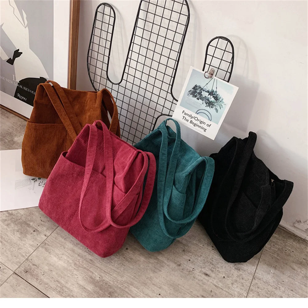 

Women Corduroy Shoulder Bag Large Capacity Casual Tote Handbag Shopping Bag With Front Pocket Clutch Purse