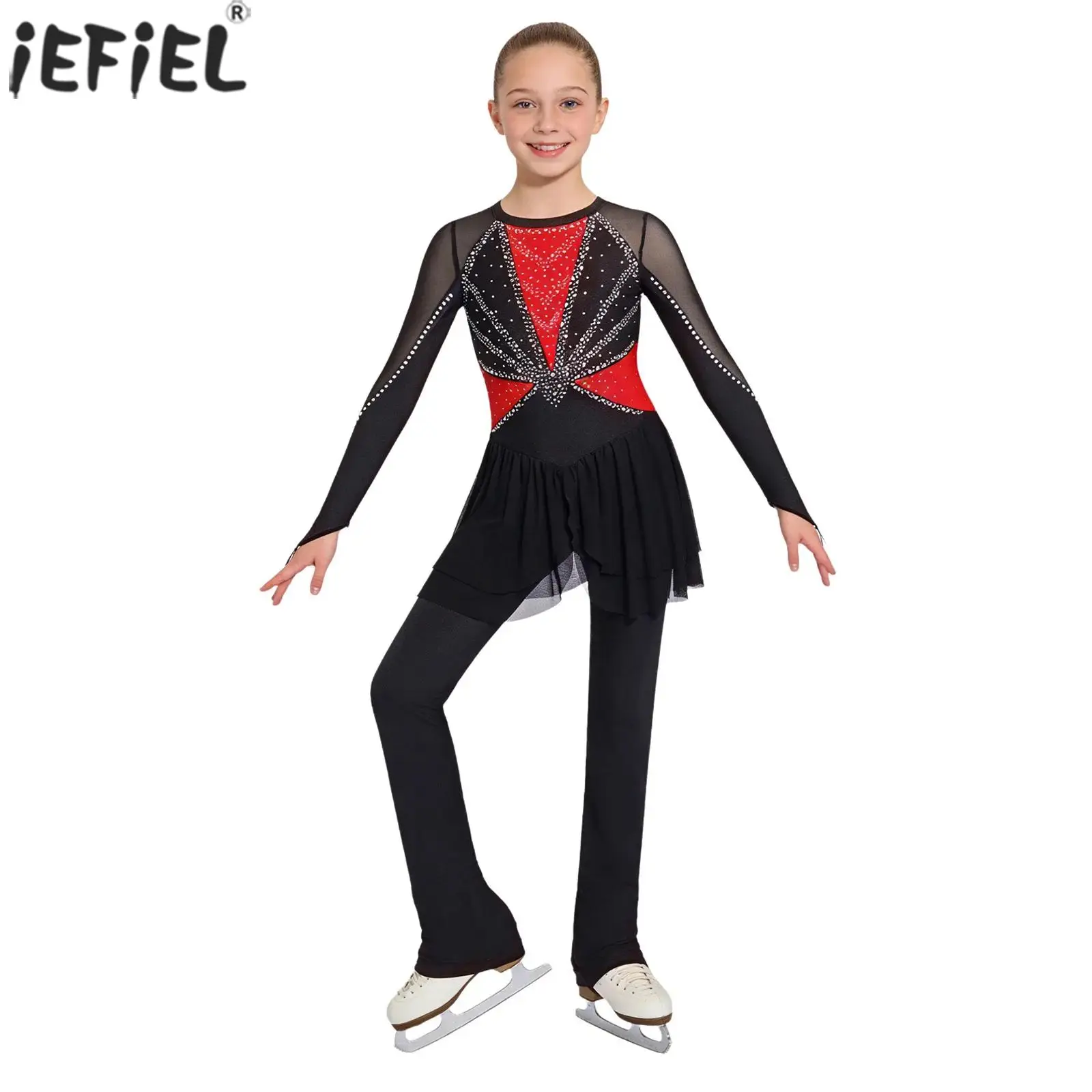 

Детский гимнастический купальник для девочек: блестящий, со стразами, для фигурного катания, художественной гимнастики, балета, танцев, с длинными рукавами, сетчатой юбкой, комбинезон