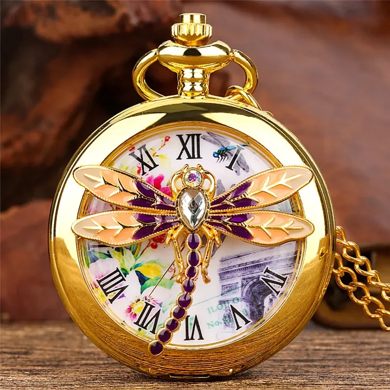Antique Style Hollow Out Dragonfly Design Unisex Quartz Pocket Watch Roman Numeral Display Necklace Pendant Chain Gift Clock