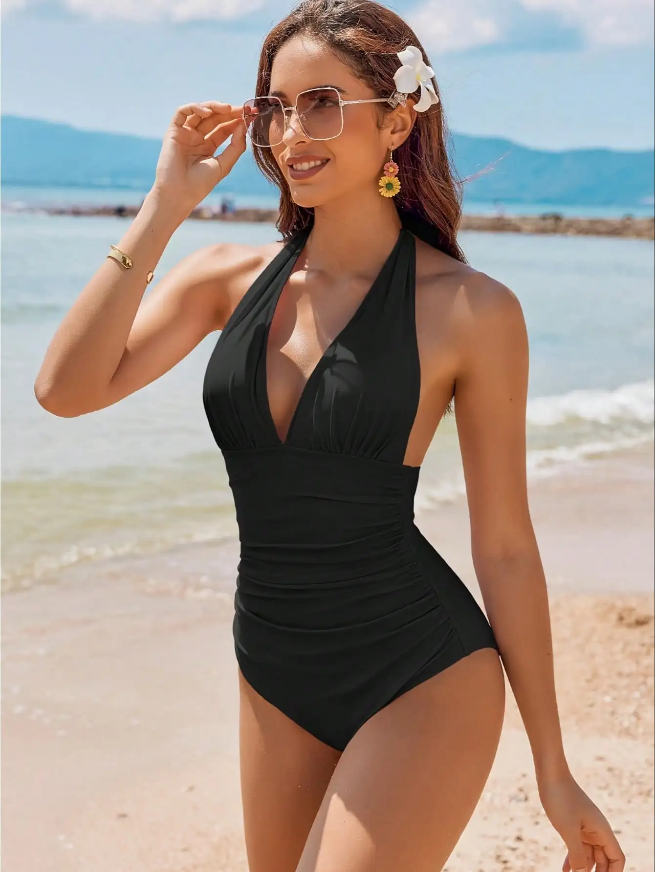 Women's Solid Black Halter Deep V One Piece Bathing Suit Ruched Waist Tummy Control Slimming High Cut Beach Swimwear