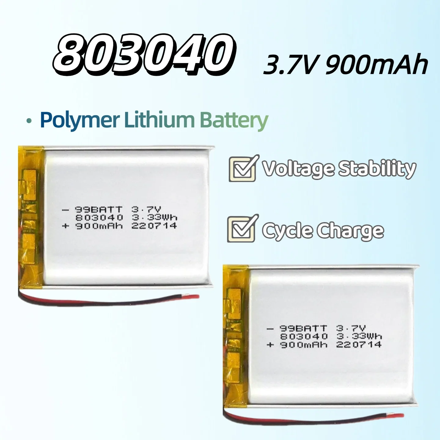 

803040 3.7V 900mAh Polymer Soft-pack Rechargeable Lithium Battery for Bluetooth Speaker, Beauty Device and Navigator
