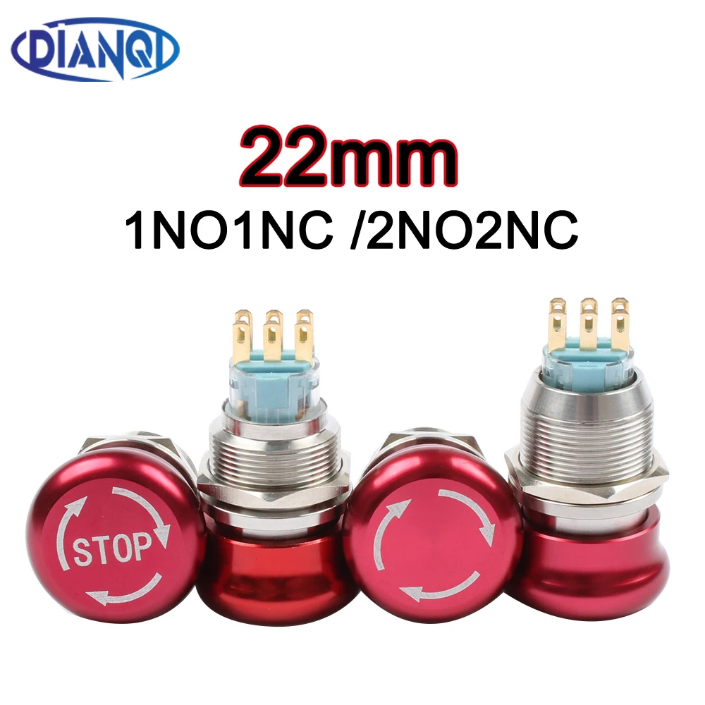 22mm Metal Emergency Stop Switch Stainless Steel Red Mushroom Head Switch Self-locked On Off 3/6Pins NONC 2NO2NC