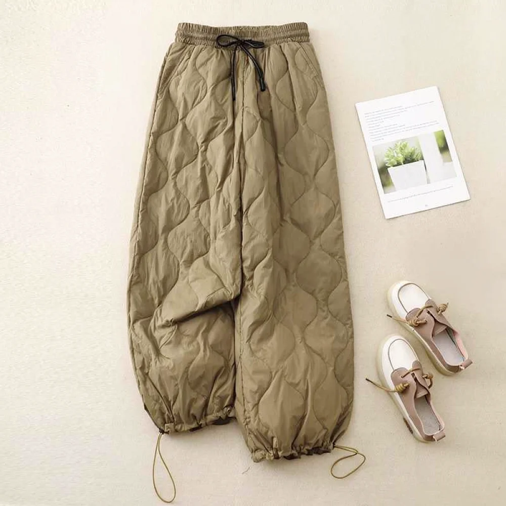 Winter New Women Quilted Cotton Trousers Casual Loose Fit Elastic Waist Drawstring Windproof Warm Comfortable Streetwear Pants
