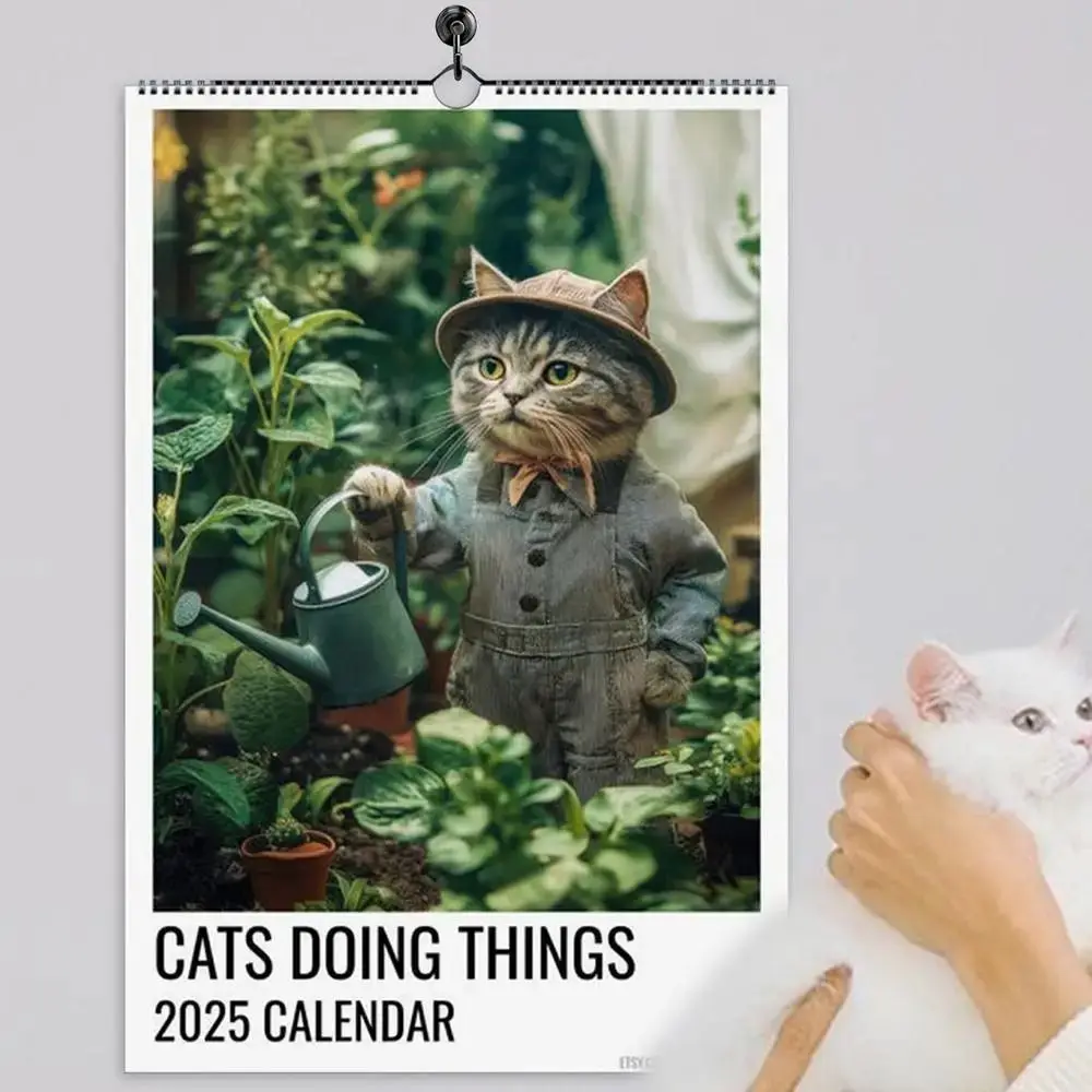 

Thick Paper 2025 Calendar Monthly Planner Calendar Cat Illustration Wall Calendar Cat Imitating Human Movements Desktop Calendar