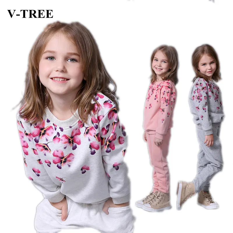 V-TREE Spring autumn girls clothing set floral kids suit set casual two-piece sport suit for girl tracksuit children clothing