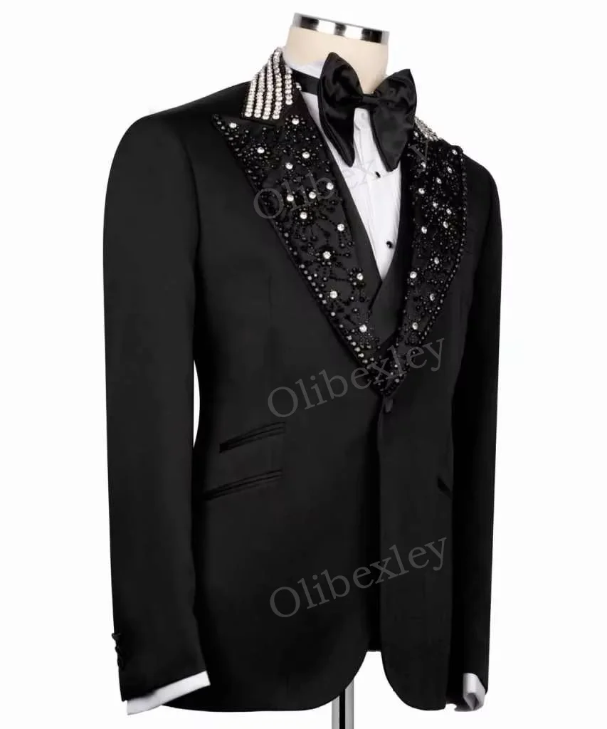Olibexley Men's Suits 2 Pieces High Quality Beaded Crystals One Button Slim Fit Suits Wedding Groom Business Dinner Party