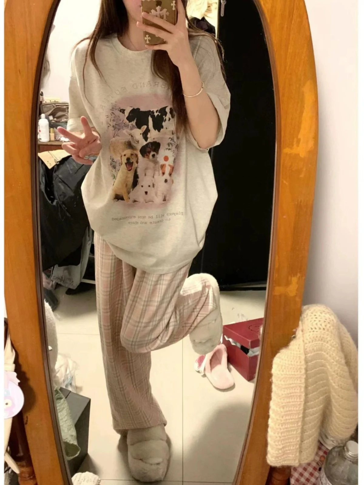 

Summer Lazy Design Salt Series Cartoon Dog Print Short Sleeve T-Shirt And Pink Plaid Pants Two-Piece Set Women's Casual Wear