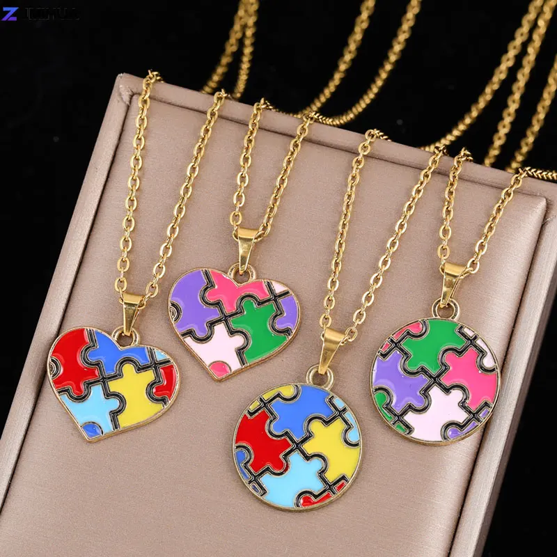 50 سنتيمتر الفولاذ المقاوم للصدأ سلسلة قلادة التوحد الوعي لغز قلادة القلائد للنساء الفتيات مجوهرات الأزياء #3