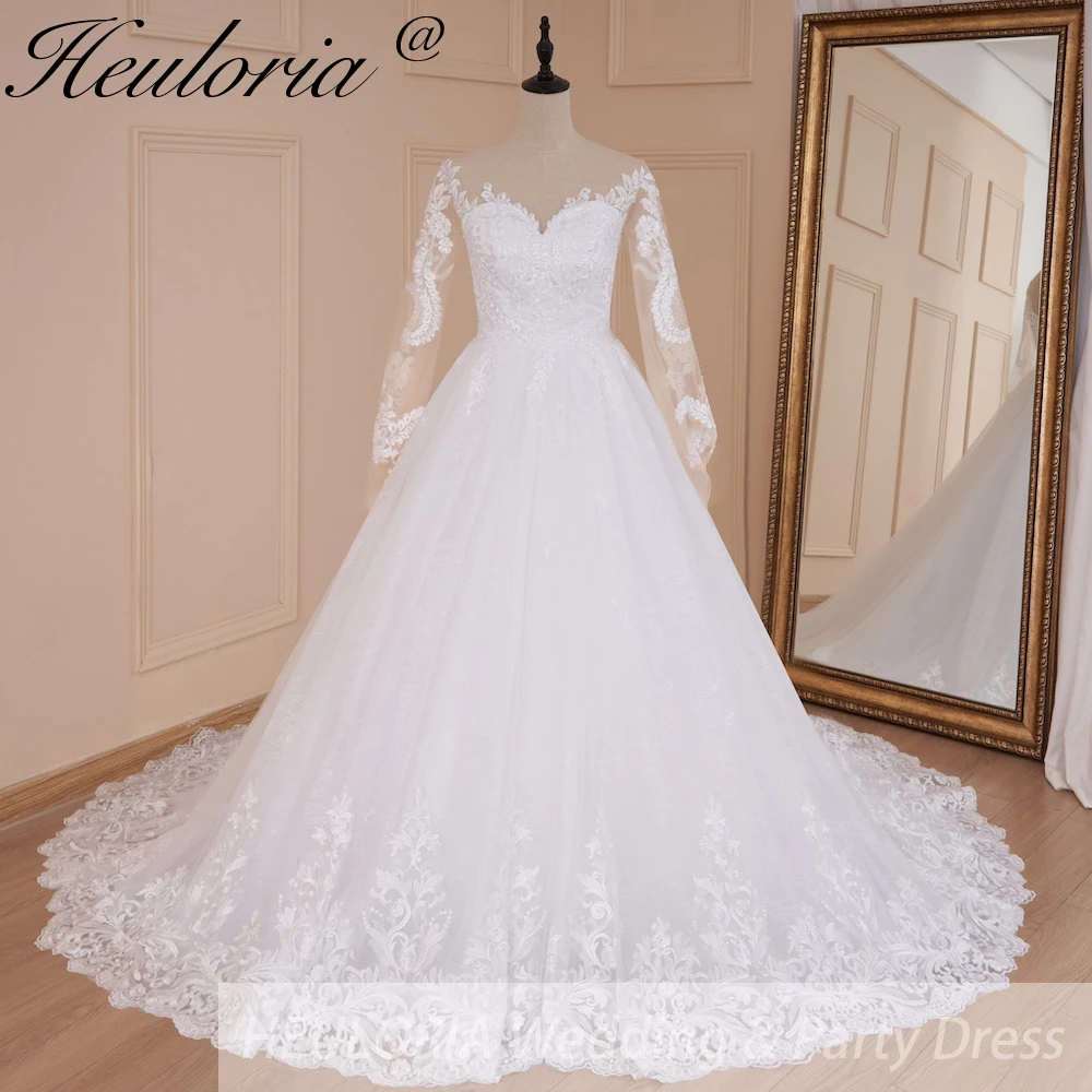 

HEULORIA Vintage Wedding Dress long sleeve lace applique princess bride dress robe de mariee court train