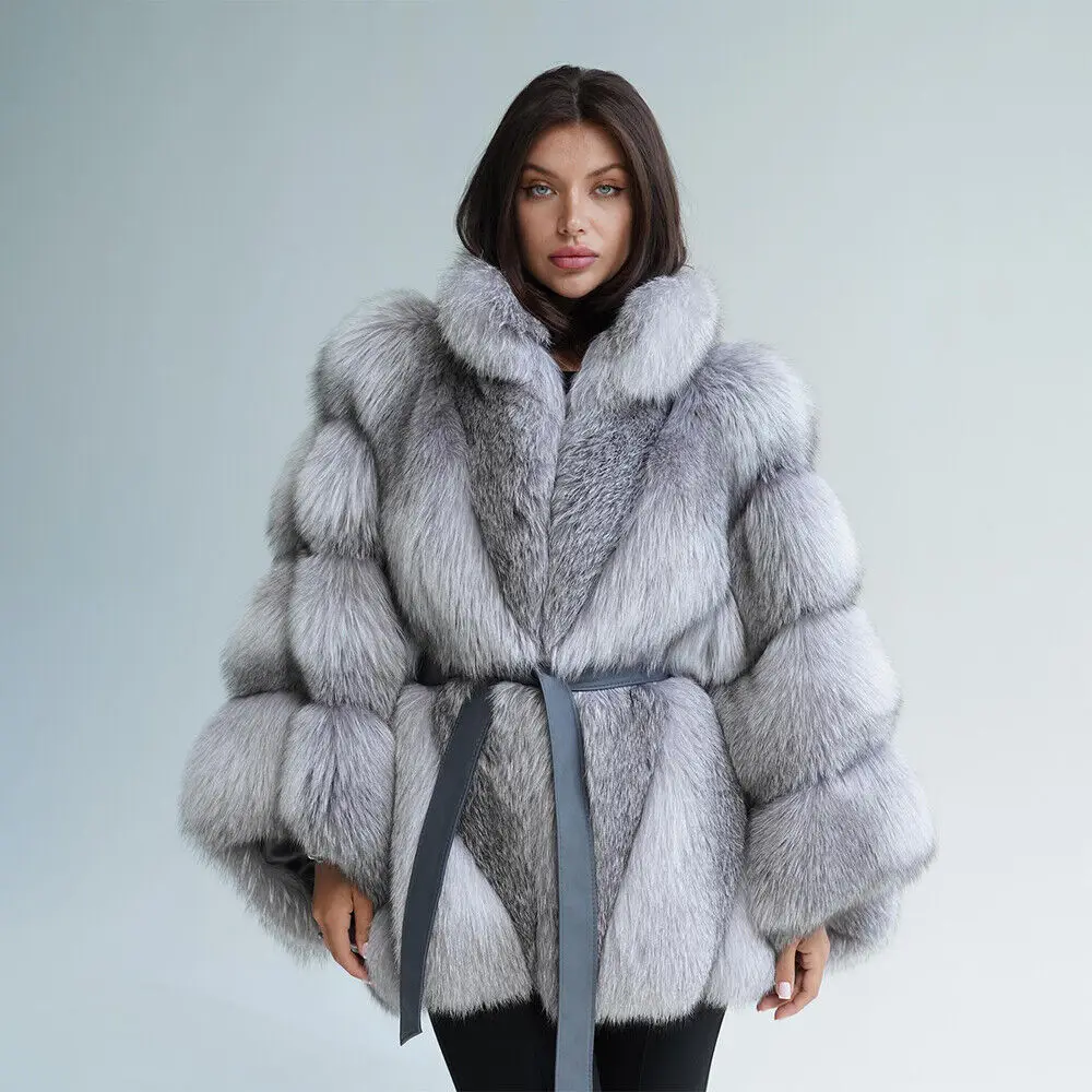 New Luxury Real Silver Fox Fur Poncho Coat for Women Genuine Fur Wrap Cape Shawl Outwear Female Winter Natural Fox Fur Overcoat