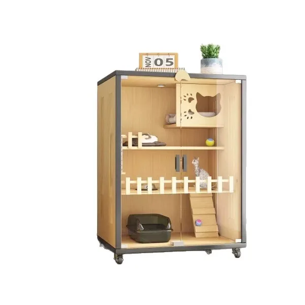 villa-pour-chat-d'interieur-lit-pour-chat-structure-d'escalade-cage-toilette-en-bois-massif-integree-porte-en-verre-de-luxe