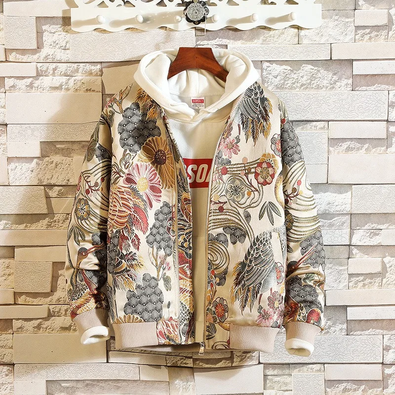 Spring New Men's Jacket Embroidered Stand Collar Youth Coats Top Fashion Large Size Loose Men's Clothing Hip Hop Bohemian Style