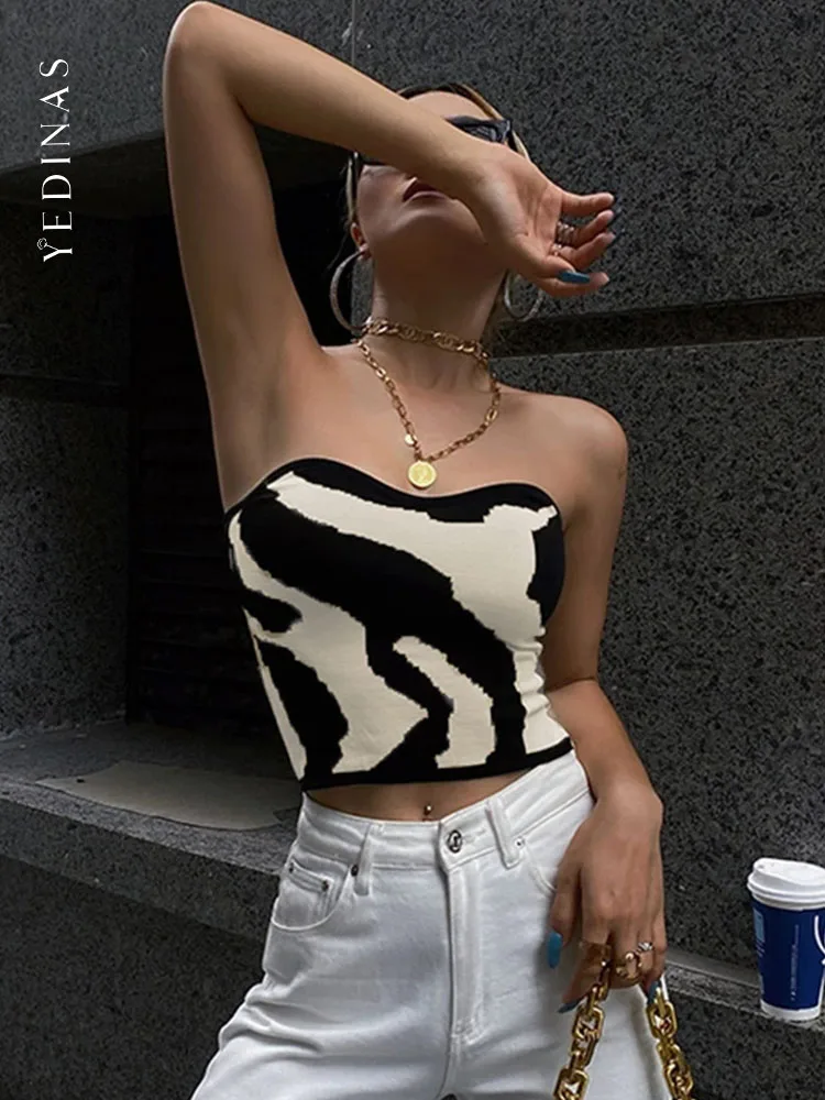 Yedinas Streetwear Patchwork Slim Cropped Feminino Sleeveless Tank Top Women Sexy Skinny Top Femme Corset Tube Korean Style Y2k