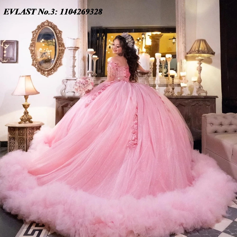 EVLAST personalizado brillante Rosa Floral vestido para quinceañeras vestido De baile apliques con cuentas escalonadas dulce 16 vestido Vestidos De 15 Anos E3Q568