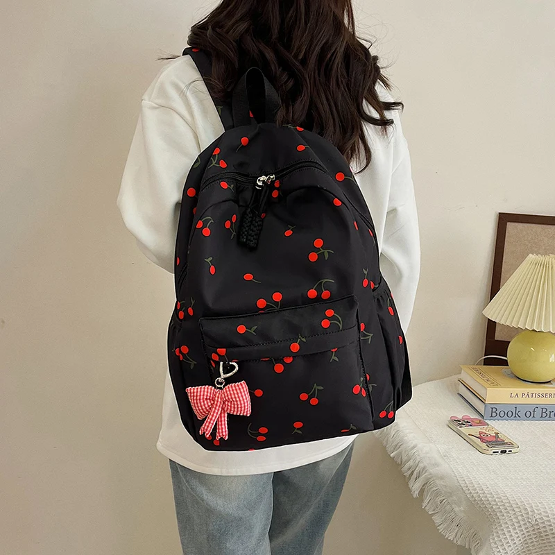 

Three-Piece All-Match School Bag Large Capacity Laptop Backpack Cherry Printed Kawaii Nylon Backpack School Outdoor Backpack