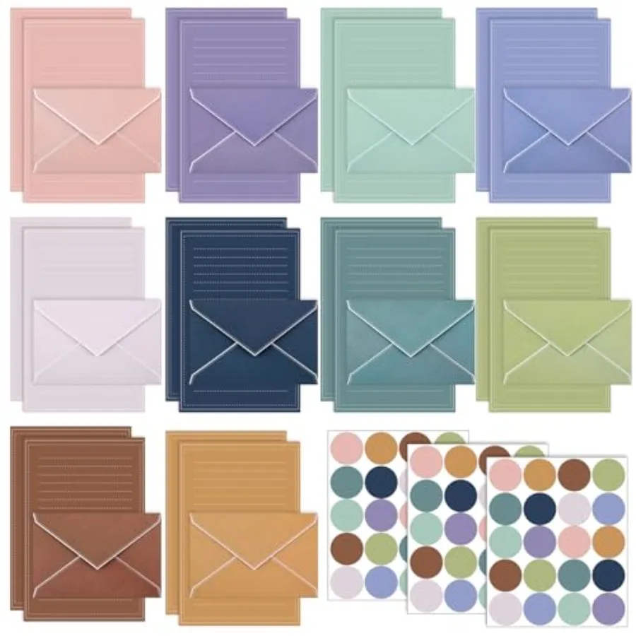 

160 Packs Stationery Paper Set 50 Double Sided Stationery Writing Papers 50 Matching Envelopes 60 Round Dot Sticker, 10 Design