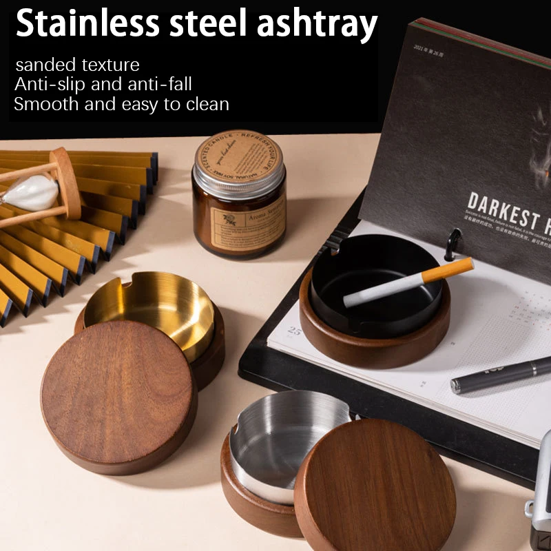 New Creative Ashtrays With Lid Walnut Wood Desktop Ashtray Stainless Steel Windproof Ash Tray for Smoking Office Home Decoration