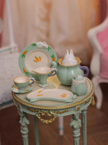 Doll House DIY 1：6 Vintage Folding Square Table 1：12 Dining Chair Mini Kitchen Rabbit Bow Dinner Plate Tea Set Miniature Model