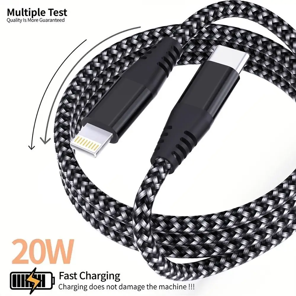 LAIHONEN 20W USB-C zu Lightning Kabel 3m, Nylon-Ummantelung Schnellladung, Für iPhone 14-8 Plus SE iPad, Schwarz/Grau