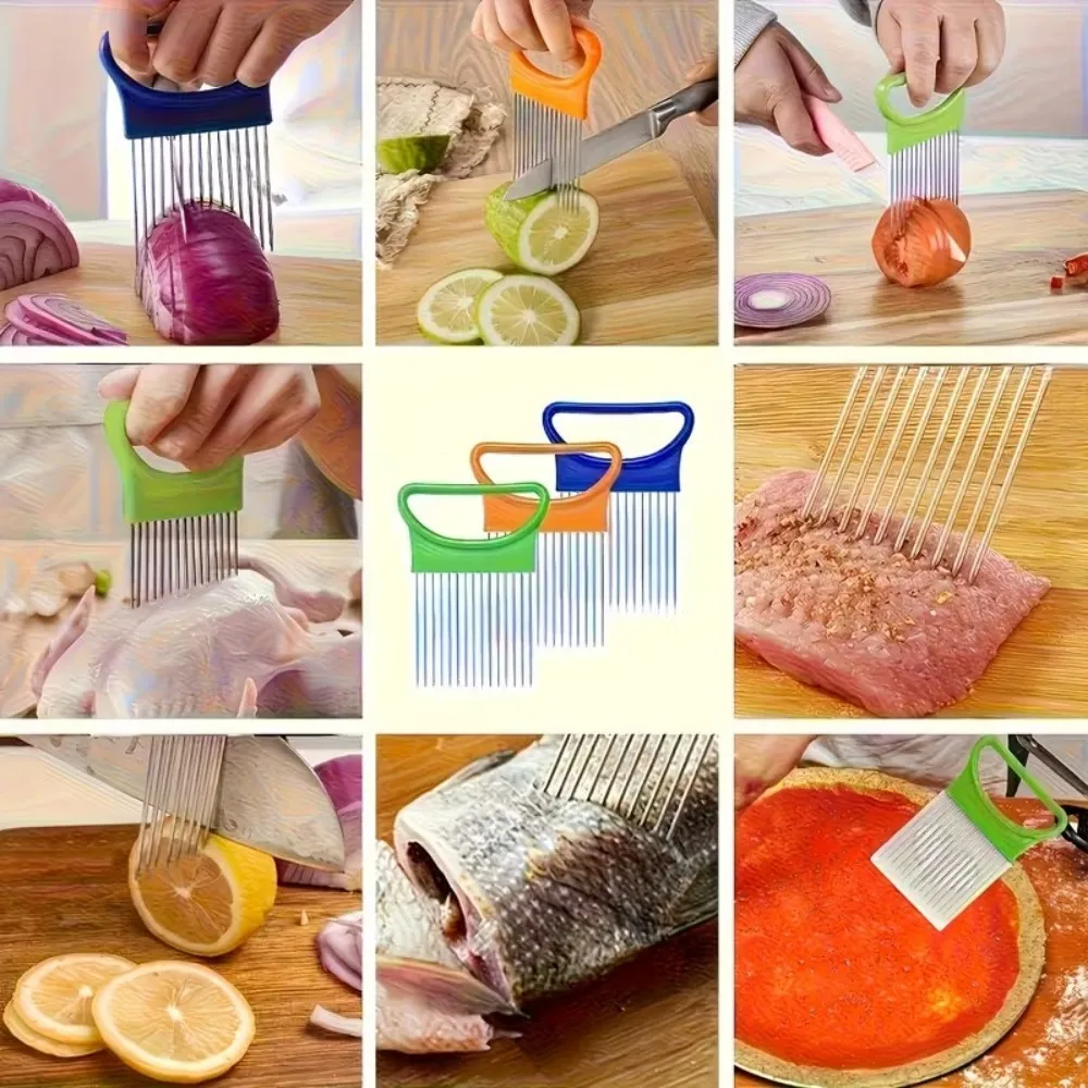 Stainless Steel Onion Slicer Holder Multifunctional Vegetable Fruit Cutter Fork Safe Kitchen Cutting Aid Tool