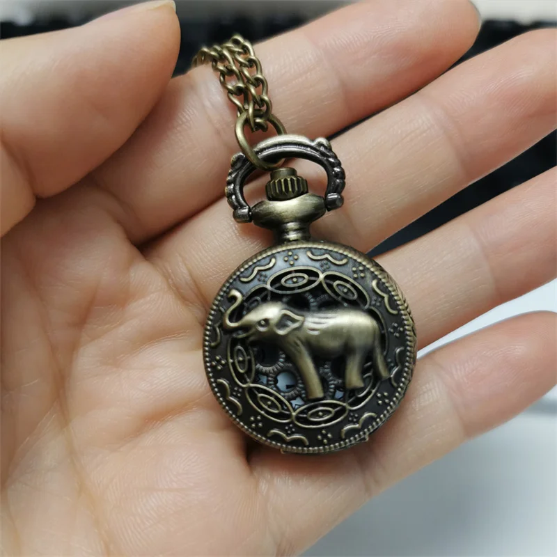 Mini Size Loverly Elephant Men Women Necklace Chain Quartz Analog Pocket Watch Half Hunter Design Fob Arabic Number Clock Gifts
