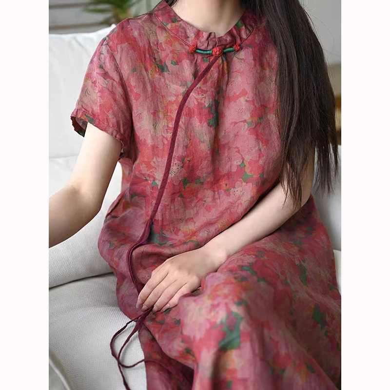 

New Summer Chinese Style Women Stand Collar Improved Qipao Loose Dress Flower Print Ramie A-line Long Dresses Good Quality JM30