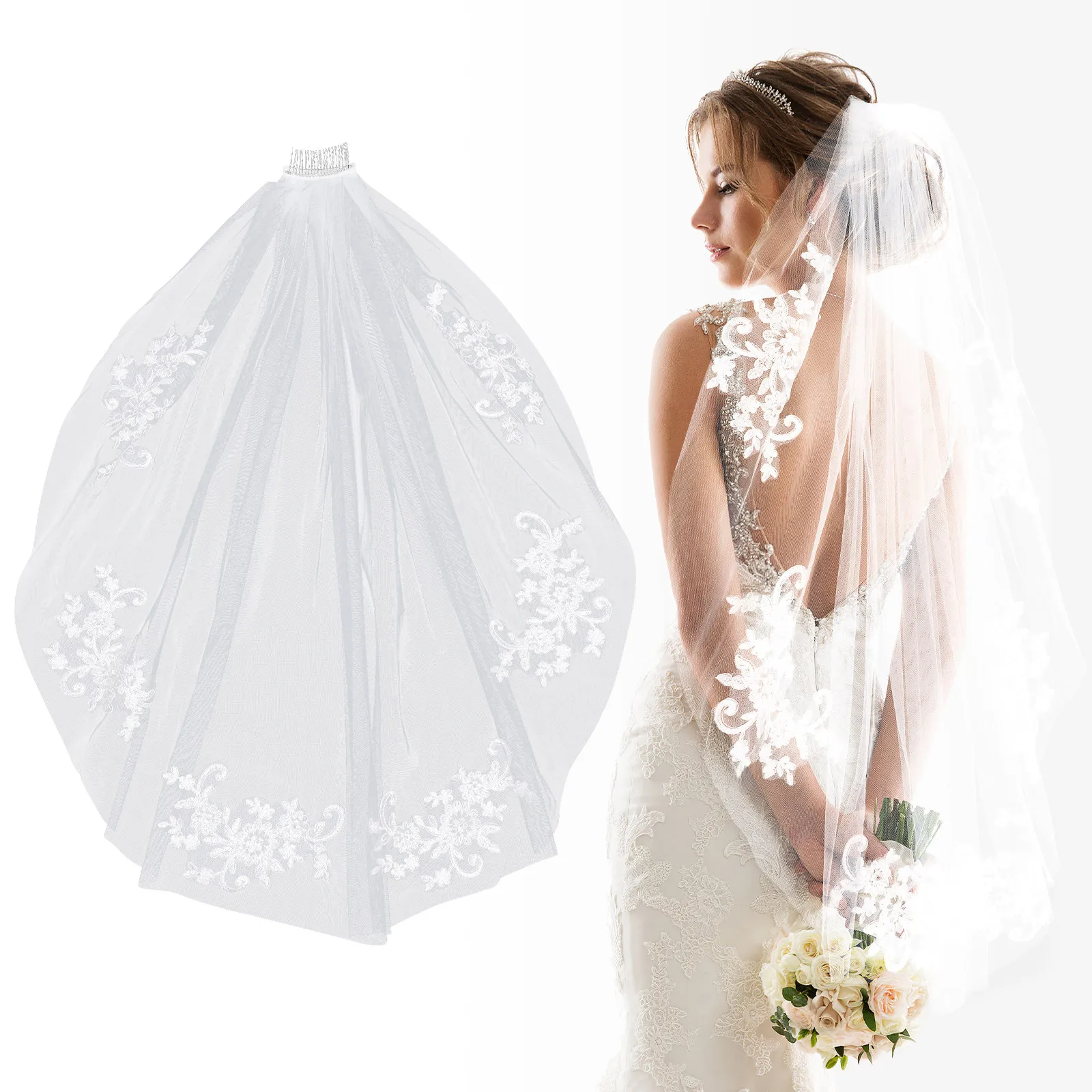 Elegant Short Bridal Veil with Hand-Sewn Silver Beads Embroidered Lace Comb Attachment for Wedding Day Beige White Bride Veil