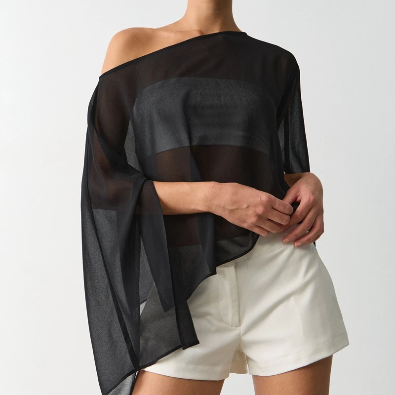

Women's Sheer See-through Shirt Split Long Sleeve Boat Neck Y2k Solid Color Casual Loose Fit Bikini Cover-ups Top