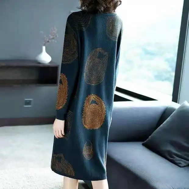 Robe Jacquard à Manches sulfen Laine, Coupe Cintrée, Col Semi-Haut, Haut de Gamme, Au-dessus du Genou, Collection Printemps Automne Hiver