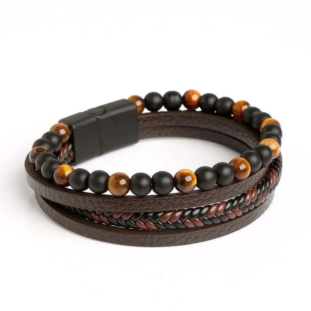 Heren Lederen Armband Klassieke Mode Tiger Eye Kralen Multi Laag Lederen Armband Voor Mannen Sieraden Geschenk
