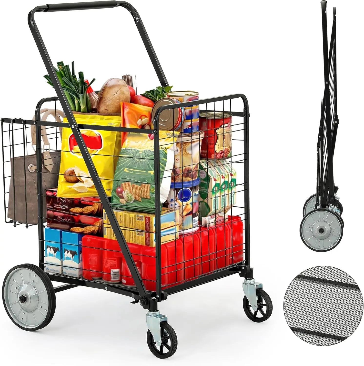 

Сверхмощная складная тележка для покупок Jumbo с колесами, большая двойная корзина, складная для продуктов и хранения продуктов