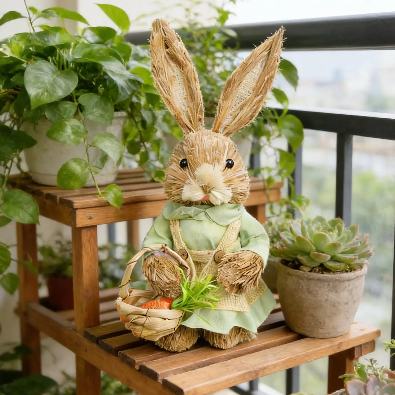 35cm Straw Easter Bunny Ornament Standing Easter Rabbit Figurine Handmade Cute Decorative Bunny For Spring Easter Decor