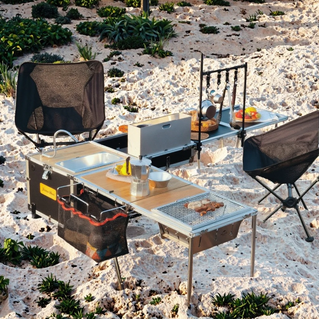 Camping Multi-purpose Durable Aluminum 40L Outdoor Furniture Kitchen Equipped with Clamshell Storage Box Panel Design
