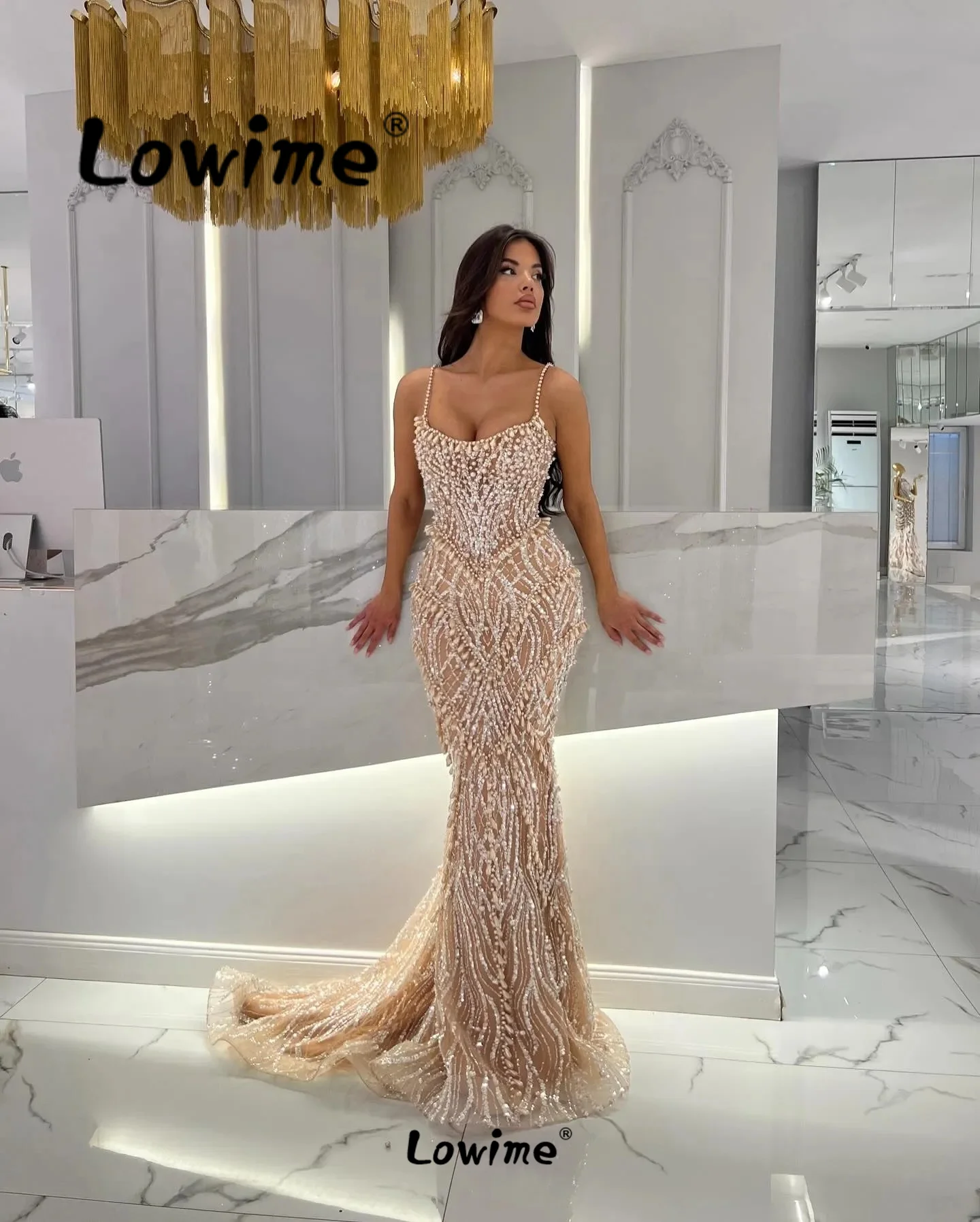 Champagne Pearl Prom Dress Mermaid Spaghetti Straps Wedding Party Dress Customized Arabic Celebrity Dresses Elegant Evening Gown