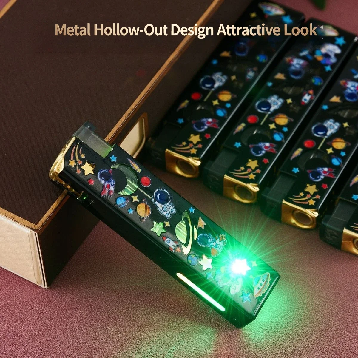 Glowing LED Space Themed Lighter, Metal Windproof Jet Flame Lighter with Starry Sky Pattern, Hollow-Out Light-Up Lighter