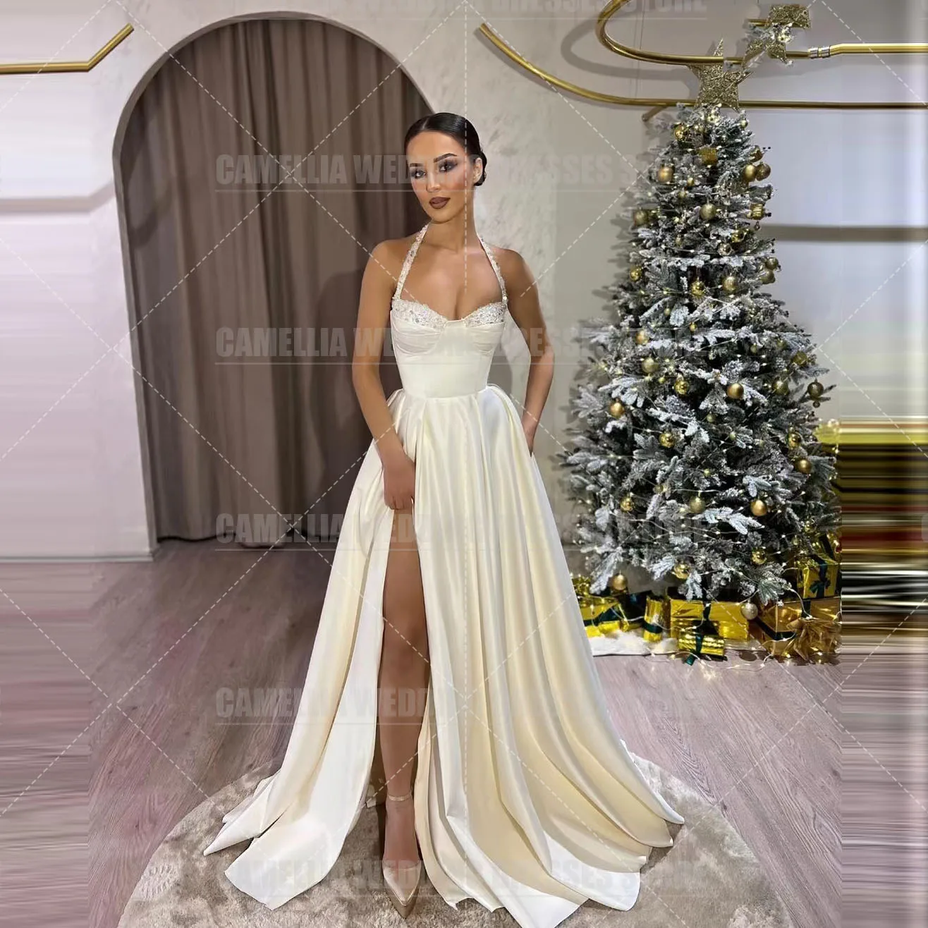 Robes de mariée A-ligne simples pour femmes, satin plissé, robe élégante formelle, robe de mariée sexy, fente latérale, chérie, quoi que ce soit, éducatif, 2024