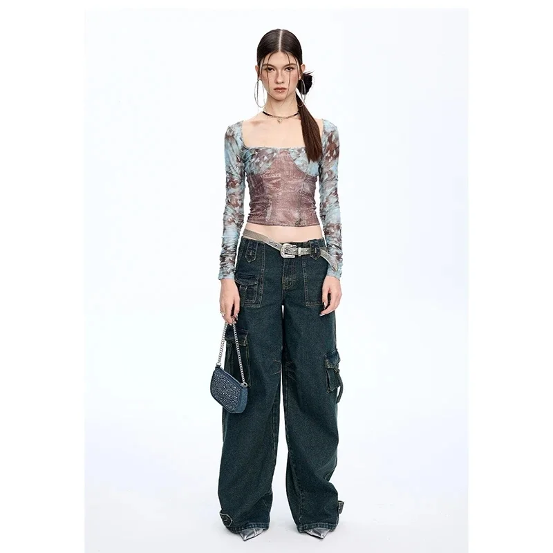 Calça jeans de carga azul vintage feminina, calças jeans estéticas largas, calças de vaqueiro grandes, roupas trashy, Harajuku, Y2K, Anos 90, Anos 2000, 2024