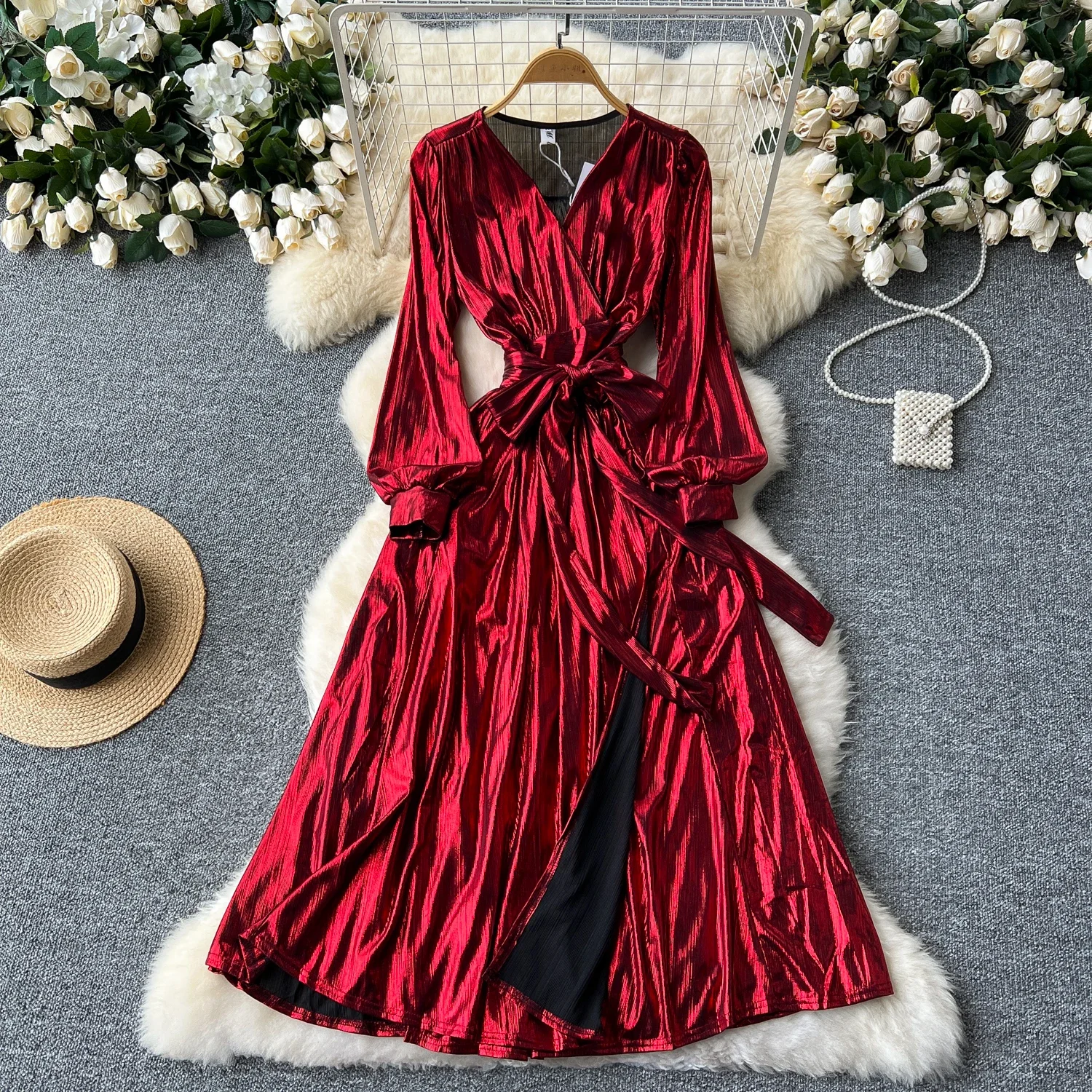 

French v neck Bandage sequin split dress women's summer waist Single Breasted sweet birthday outfits dresses