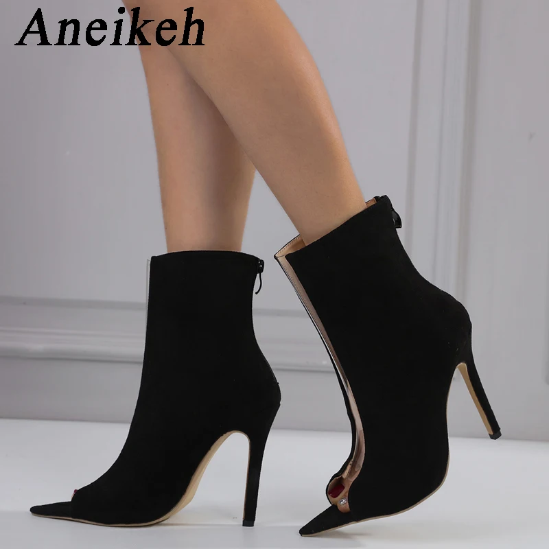 Aneikeh 2024 Spring New Classics Black Open Toe Thin High Heel Women ShoesBack Zippers Gladiator Party Dress Career Ankle Boots