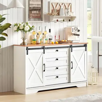 Image White Large Sideboard Buffet Cabinet with Storage, 55" Wood Farmhouse Cabinet with 4 Drawers, Sliding Barn Doors, Modern Kitchen