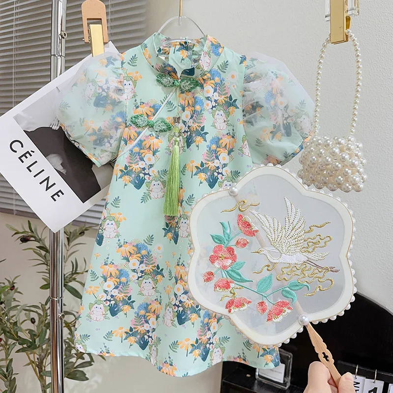 

Girls' Chinese-Style Cheongsam Dress Summer Dress2024New Western Style Children's Bubble Sleeve Princess Dress Skirt-WSNY