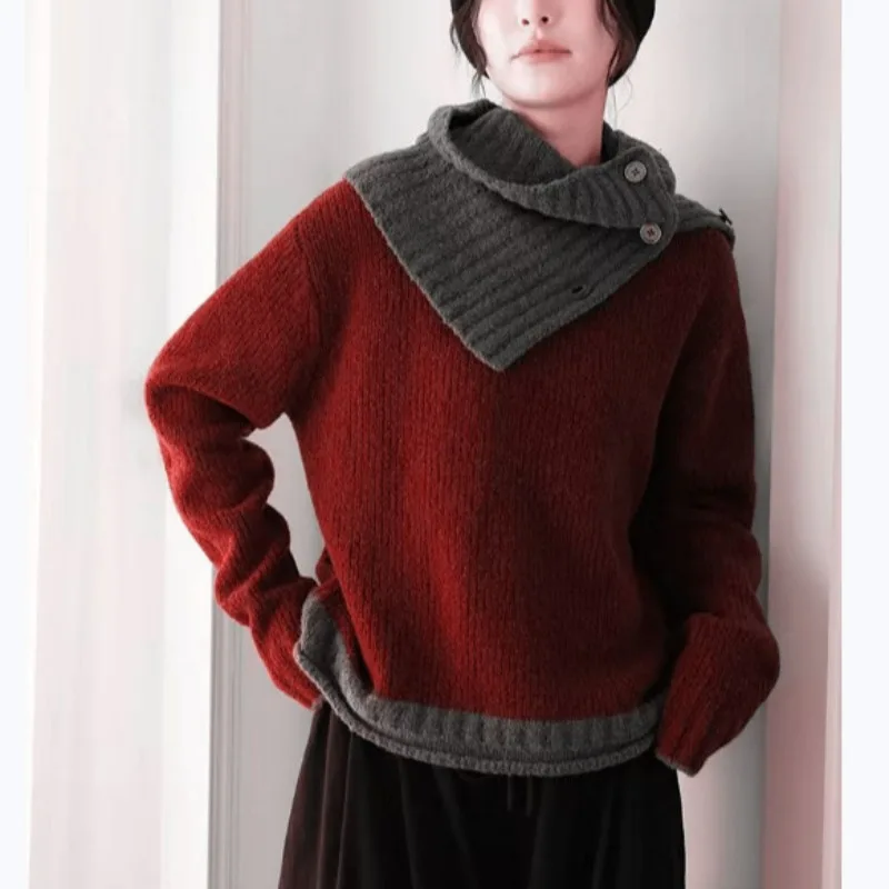 French Lazy Wind Scarf Sweater Female Pullover 2025 Autumn and Winter New Loose Round Neck Color Matching Sweater Female