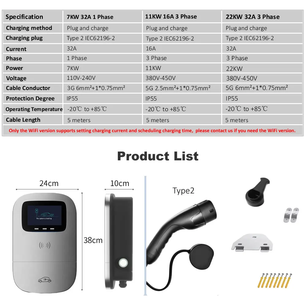 JIGU 32A 7KW Type 2 Electric Car Charger Vehicle Charging Cable 3 Phase 16A Type2 11kw 22KW Wallbox EV Charger Charging Station