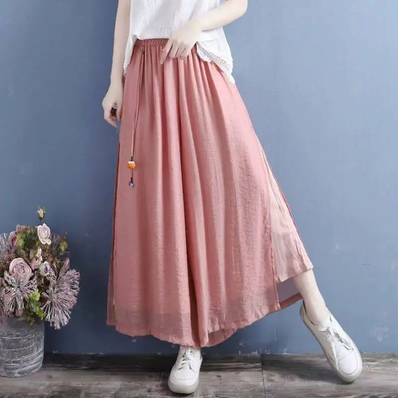 Spring and Summer Best-selling Cotton Linen White and Pink Embroidered Pattern Women's Plus Size Tie Loose Wide-leg Pants