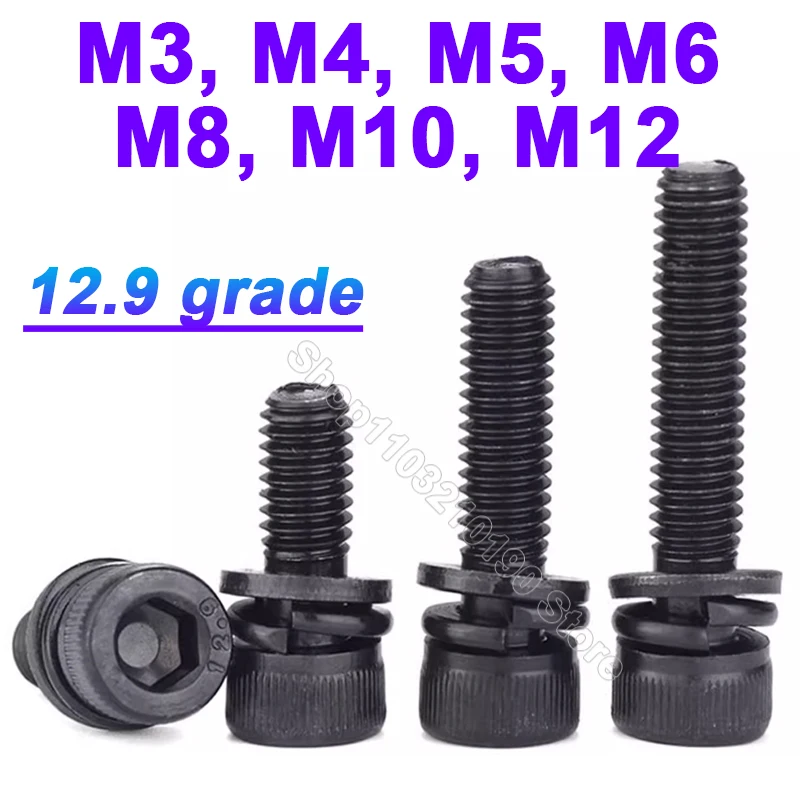 2-10pc Hexagon Hex Socket Head Cap Screw with Washer Sem Screw M3 M4 M5 M6 M8 M10 M12 Grade 12.9 Three Combination Assemble Bolt