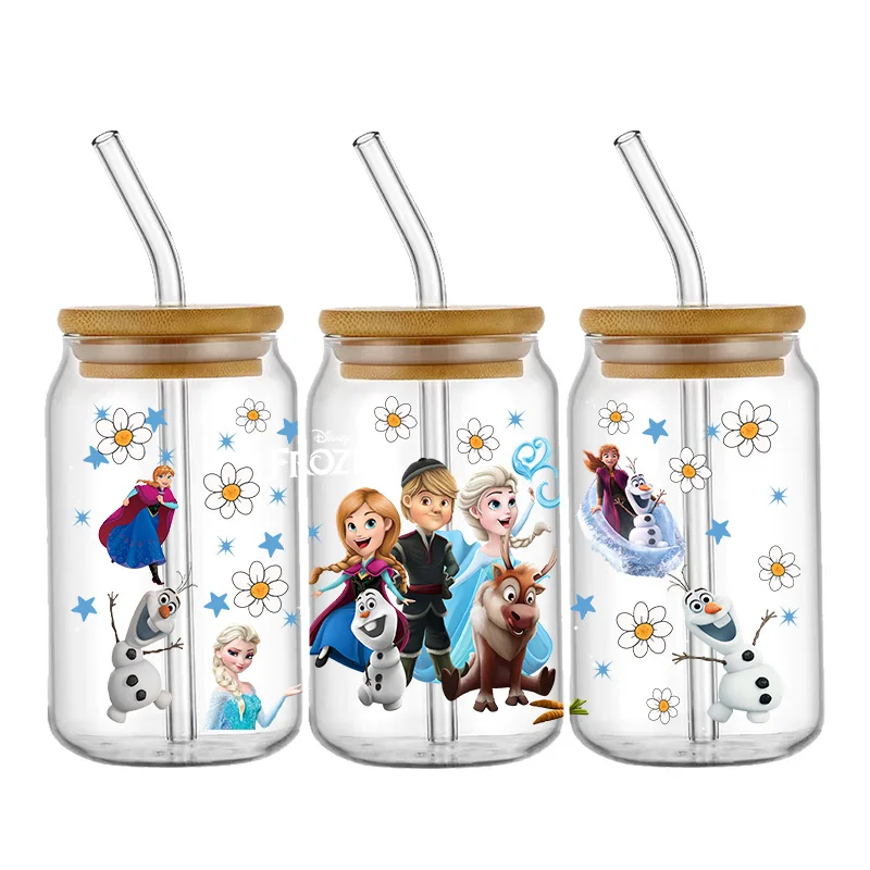Frozen Disney Elsa Princess Cute 16oz UV DTF Sticker For 16oz Glass Cups Wrap Transfer Sticker Custom Labels DIY Logo Waterproof