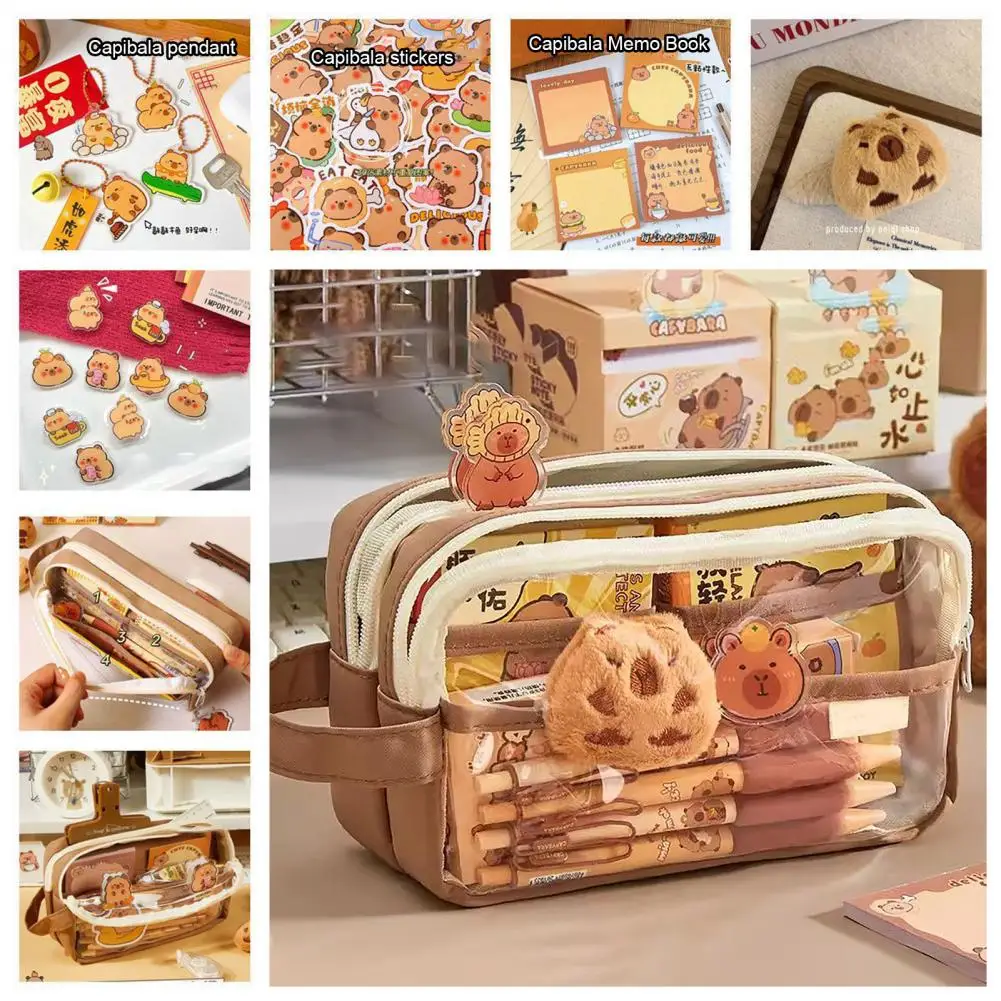 1 Set Pencil Case Set with Bonus Doll Stickers Waterproof Multi-Level Compartments Pencil Pouch Capybara Doll Pencil Bag