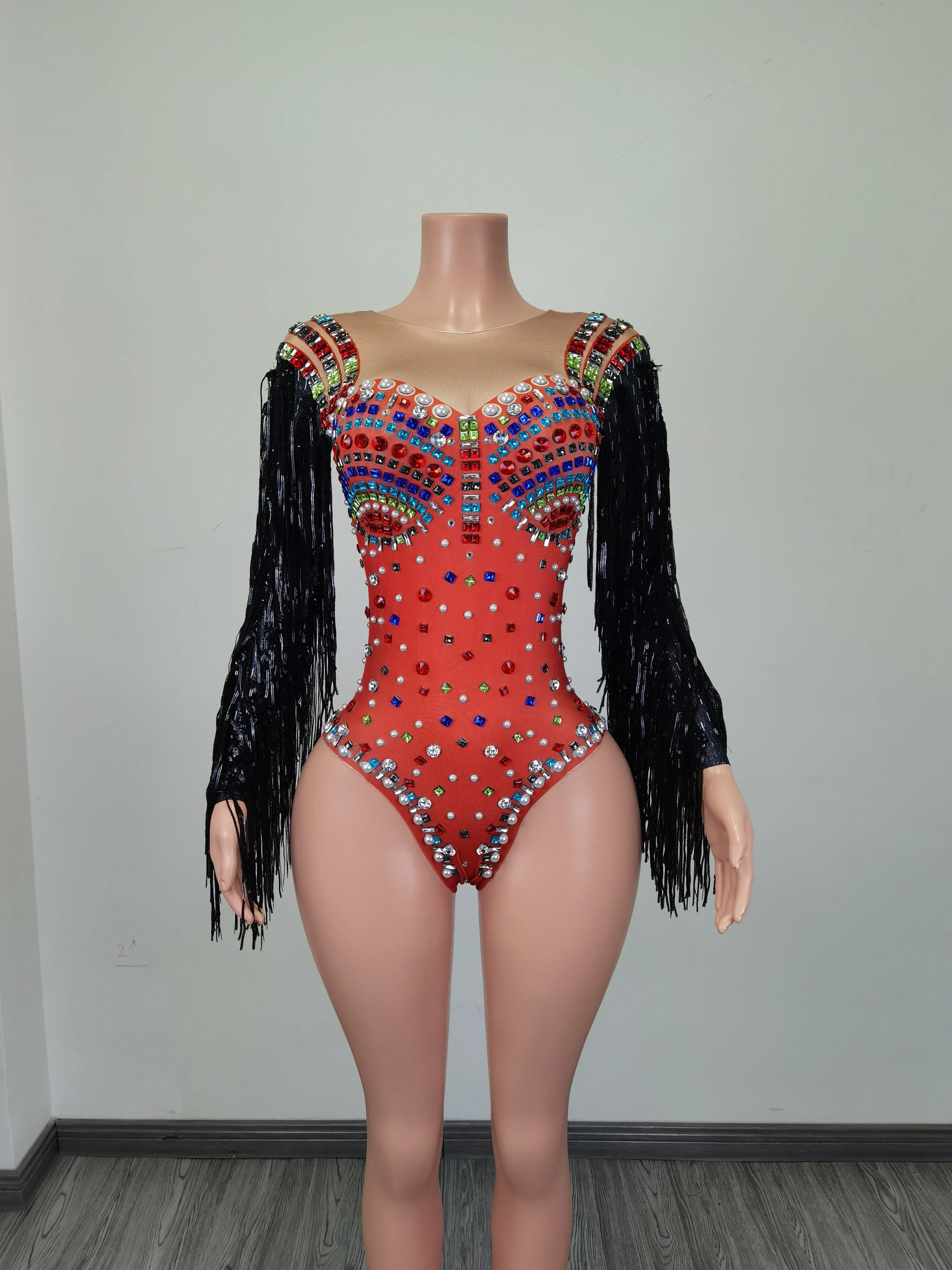 Sexy Elastic Colorful Rhinestone Tassel Sleeves Rhinestones Leotard Women Stage Bodysuit Club Dance Playsuit Performance Costume