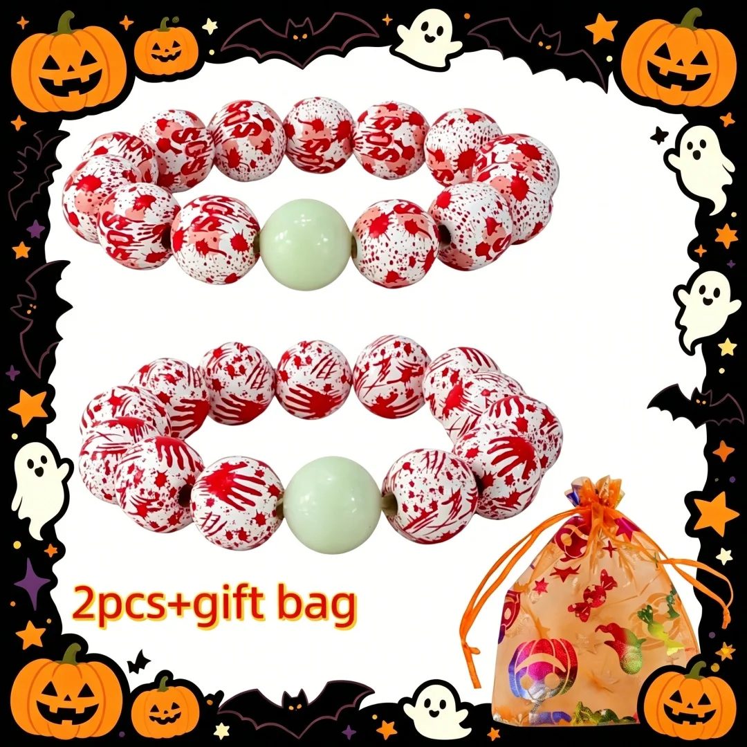 2-pack Halloween limited edition wooden bead bracelet set with a luminous bead design in the middle and a printed storage bag